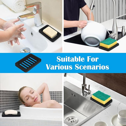 Topsky 2Pcs Soap Dish Holder, Non-Slip Bathroom Accessories Silicone Soap Case Saver, Sink Deck Bathtub Shower Dish Soap Drainer, Silicone Holder for Soap, Sponges, Scrubber (Black-2pcs)