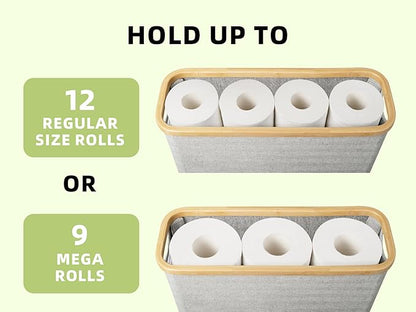 StorageWorks Toilet Paper Storage with Bamboo Lid, Toilet Paper Holder Basket for Up to 9 Mega or 12 Regular Size Rolls, Medium Paper Storage Baskets for Bathroom, Grey, 1 Pack