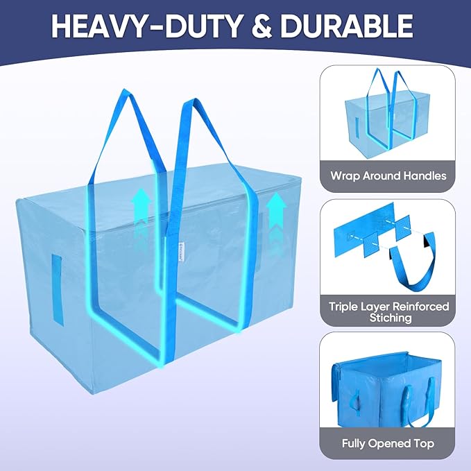 TICONN 4 Pack Extra Large Moving Bags Heavy Duty with Zippers & Carrying Handles, Durable Storage Bags Moving Boxes for Closet Organizers and Storage (4 Pack, Sky Blue)