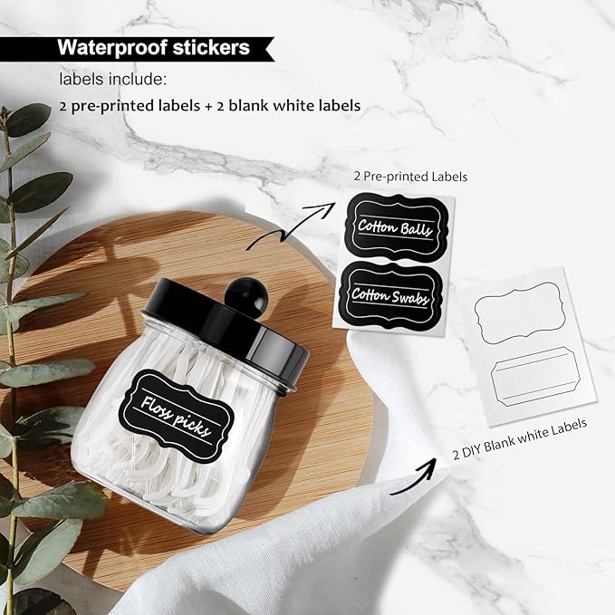 Farmhouse Decor Apothecary Jar Set, Mason Jar Bathroom Vanity Storage Organizer Canister-Qtip Holder Plastic Acrylic Jar for Cotton Swabs, Cotton Pad, Floss Pick, Paper Clip, Hair Clip (2 Pack, Black)