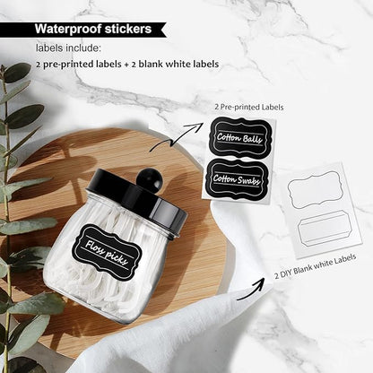 Farmhouse Decor Apothecary Jar Set, Mason Jar Bathroom Vanity Storage Organizer Canister-Qtip Holder Plastic Acrylic Jar for Cotton Swabs, Cotton Pad, Floss Pick, Paper Clip, Hair Clip (2 Pack, Black)