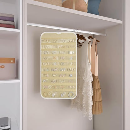 1 Pack Hanging Jewelry Organizer 80-Pocket Dual-sided Jewelry Storage for Earring Necklace Bracelet Ring Travel Holder, White and Beige