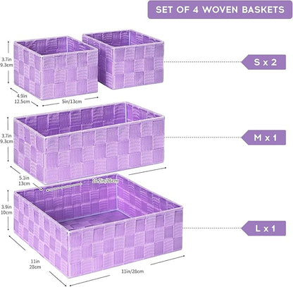 Posprica Woven Storage Baskets for Organizing, Small Black Baskets Cube Bin Container Tote Organizer Divider for Drawer, Closet, Shelf, Dresser, Set of 4(Purple)