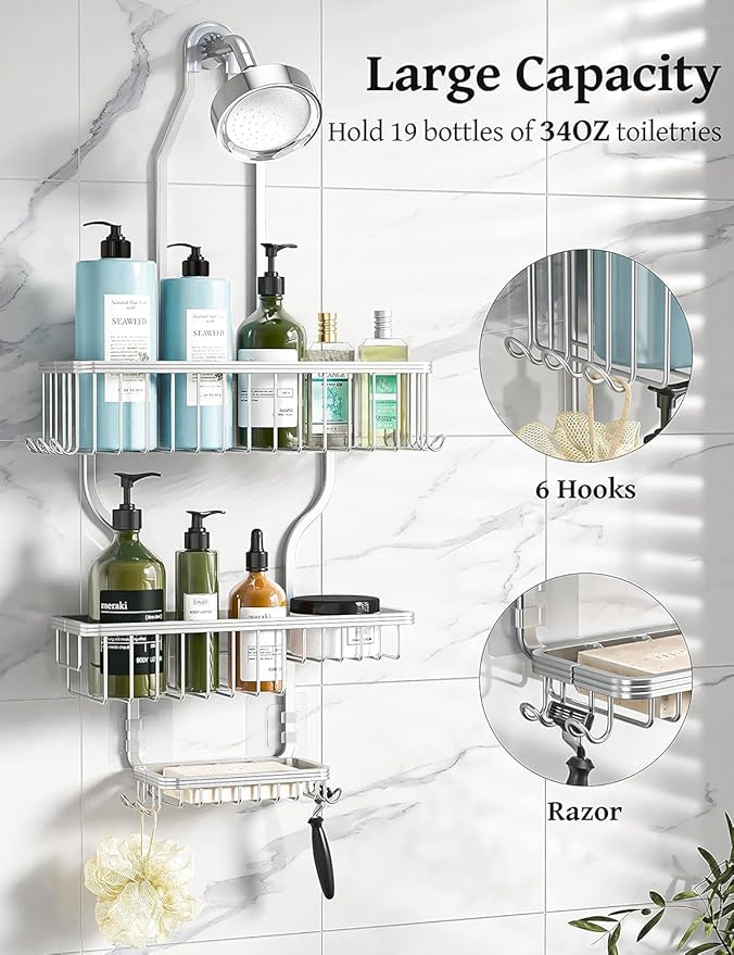 YASONIC Never-Rust Aluminum Hanging Shower Caddy – Over-the-Showerhead Organizer with 10 Hooks for Razor and Sponge – Includes Soap Basket – Silver