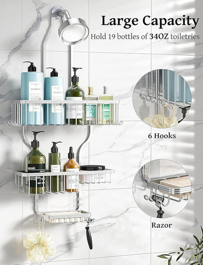 YASONIC Never-Rust Aluminum Hanging Shower Caddy – Over-the-Showerhead Organizer with 10 Hooks for Razor and Sponge – Includes Soap Basket – Silver