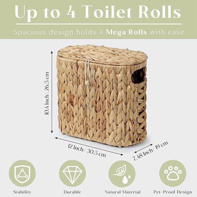 YANGQIHOME Toilet Paper Storage, Water Hyacinth Toilet Paper Storage with Lid, Papers Container for up to 4 Mega Rolls, Bathroom Basket Organizer