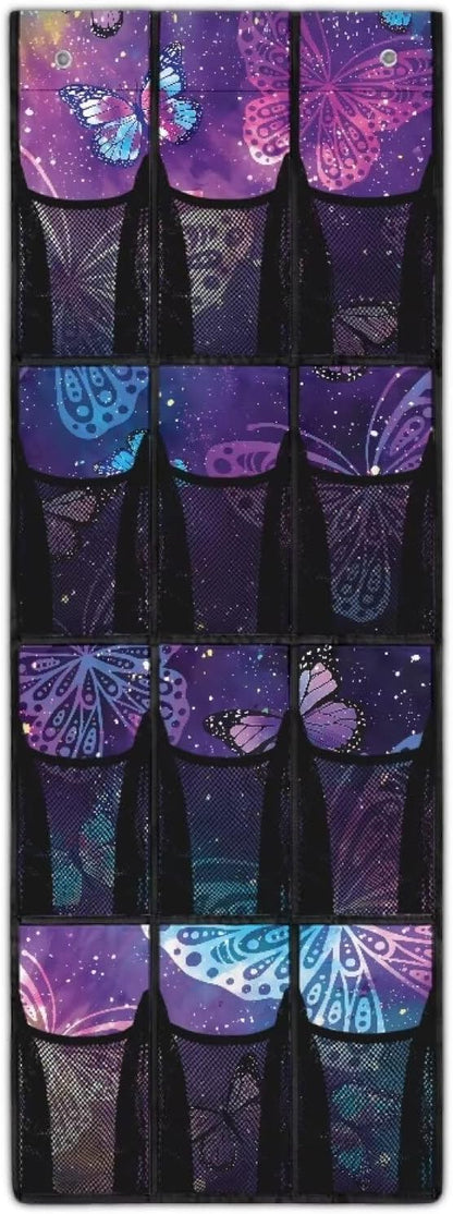 Blue Butterfly Over The Door Organizer, 12 Mesh Pockets Breathable Hanging Storage for Bedroom & Closet, Elegant Design for Scarves, Hats & Accessories