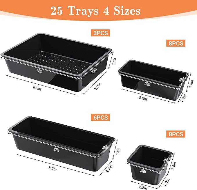 SpaceHacks 25 PCS Plastic Drawer Organizer Set, 4-Size Versatile Organizer Trays & Storage Bins for Makeup, Jewelry, and Gadgets in Bathroom, Bedroom and Office, Black