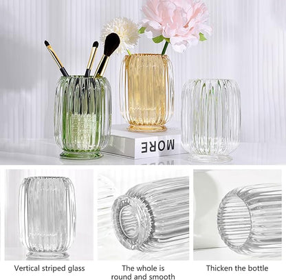 DASITON Makeup Brush holder Organizer,Crystal Cosmetic Makeup Brush Glass Brushes Storage Holder, Vintage Make Up Brush Cup Holder striped vase(Clear)