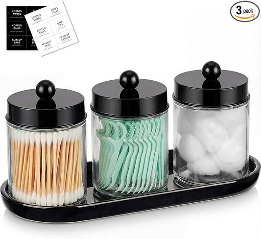 SheeChung Qtip Holder 3pcs, Glass Apothecary Jars with Acrylic Vanity Tray, Cotton Round Holder, Countertop Guest Canister Bathroom Organizers and Storage for Cotton Swabs/Balls, Floss Picks