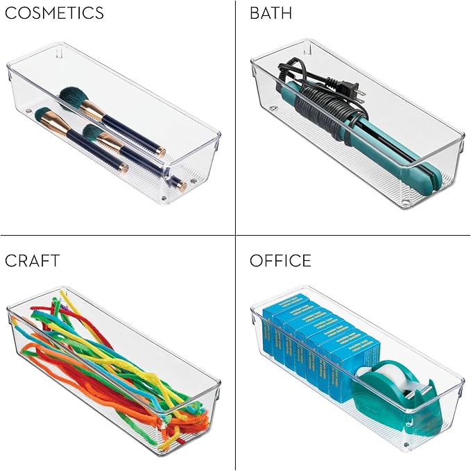 iDesign Plastic Drawer Organizer Bins - Storage for Kitchen, Bathroom, and Desk Drawers - Set of 3 - Clear