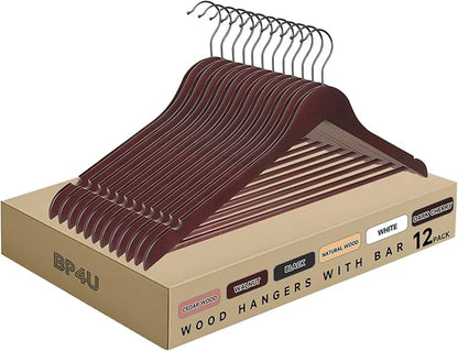 Quality Wooden Clothes Hangers, Solid Wood Suit & Coat Hangers with Pants Bars, Swivel Hook, Shoulder Notches, Heavy Duty Hangers for Shirts, Jackets, Dresses & Trousers(Mahogany/12-Pack)
