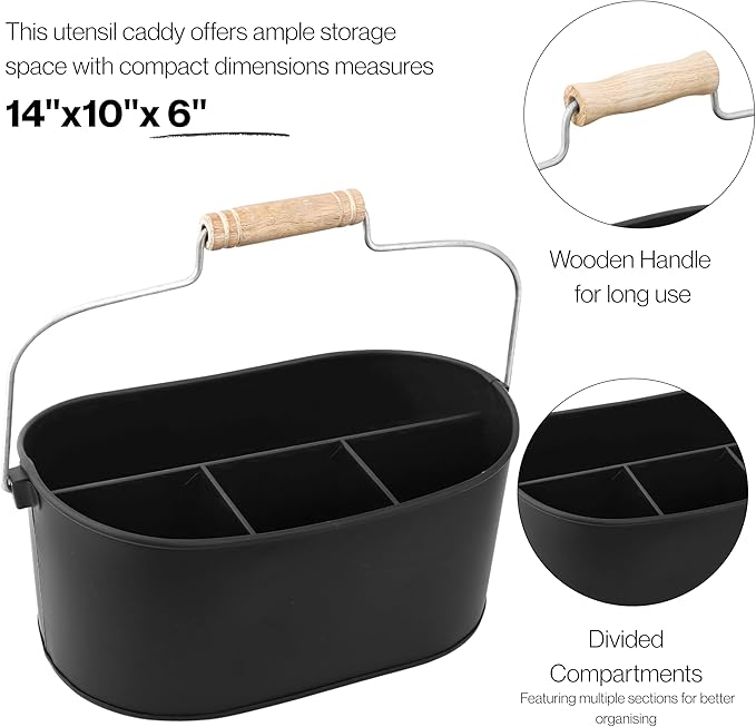 Alpha Living Home 4 Compartment Metal Flatware Caddy Silverware & Condiment Holder Cutlery Organizer Flatware Organizer - Perfect for Kitchen, Dining, and Picnics (Black)