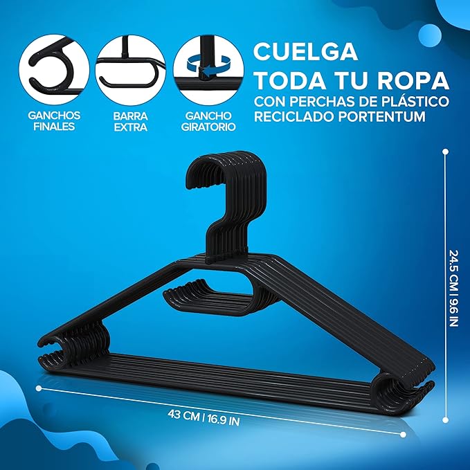 PORTENTUM Pack of 10 Plastic Hangers for All Types of Clothes – 100% Recycled Plastic - 360º Swivel Hook - Space Saving - Accessory Holder - Hooks for Dresses and Blouses - Black - Made in Spain