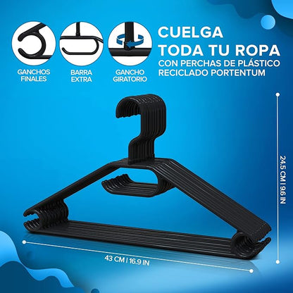 PORTENTUM Pack of 10 Plastic Hangers for All Types of Clothes – 100% Recycled Plastic - 360º Swivel Hook - Space Saving - Accessory Holder - Hooks for Dresses and Blouses - Black - Made in Spain