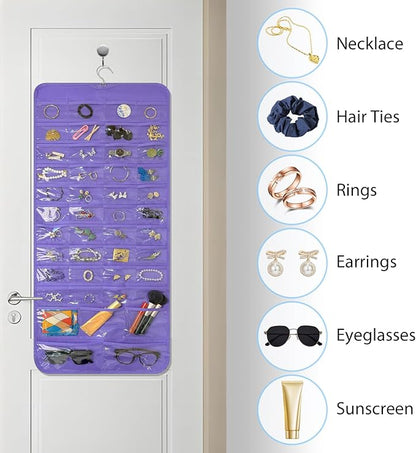 Bloss Hanging Jewelry Organizer With 90 Pockets,Earring Holder Organizer Storage For Valentine's Day Gift,Double-Sided Jewelry Holder for Earrings, Necklaces, Rings on Closet,Wall,Door(Purple)