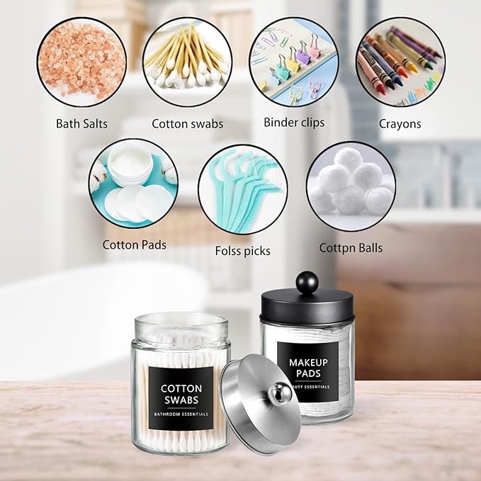 SheeChung 2-Pack Qtip Holder Dispenser - Glass Apothecary Jars with Rust-Proof Stainless Steel Lids - Modern Farmhouse Bathroom Vanity Organizer for Cotton Swabs, Balls, Pads(Black&Brushed Nickel)