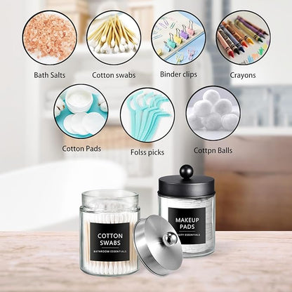 SheeChung 2-Pack Qtip Holder Dispenser - Glass Apothecary Jars with Rust-Proof Stainless Steel Lids - Modern Farmhouse Bathroom Vanity Organizer for Cotton Swabs, Balls, Pads(Black&Brushed Nickel)