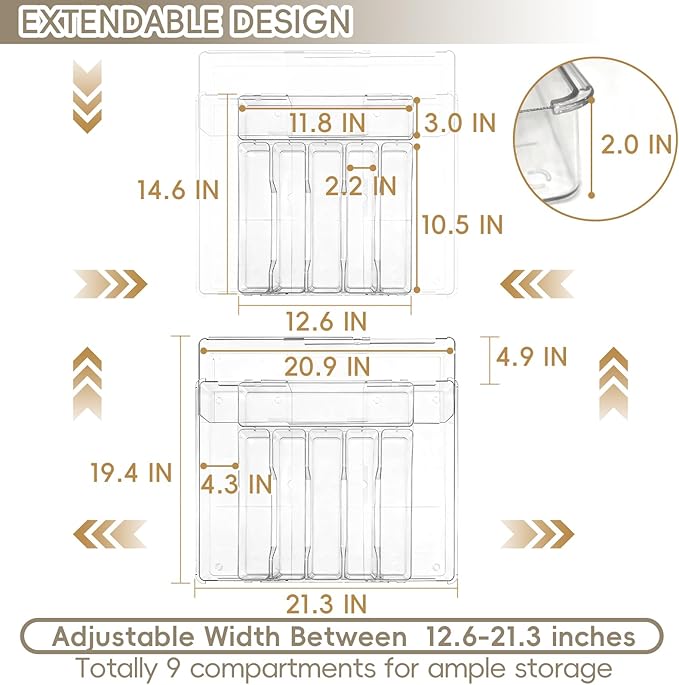 Expandable Silverware Organizers for Kitchen Drawer, Clear Utensil Drawer Organizer Tray, Adjustable Cutlery Flatware Holder for Spoon Fork Knife, Plastic Spatula Tools Gadgets Storage Divider