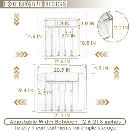 Expandable Silverware Organizers for Kitchen Drawer, Clear Utensil Drawer Organizer Tray, Adjustable Cutlery Flatware Holder for Spoon Fork Knife, Plastic Spatula Tools Gadgets Storage Divider