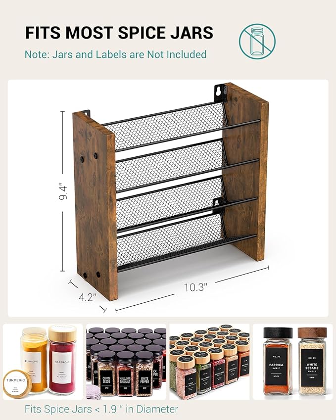 NESAPTO Spice Rack Organizer for Cabinet, Wood 4-Tier Vertical Seasoning Organizer, Wall Mount or Countertop Spice Shelf, Holds 20 Jars (No Jars Included), 10.3" W x 9.4" H