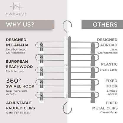 MORALVE Skirt Hangers Space Saving with Clips - 2 Pack - European Beechwood 5-Tier Hanger for Shorts, Skirts, and Pants - Closet Organizer and Storage Solution for Women with 360° Swivel Hook