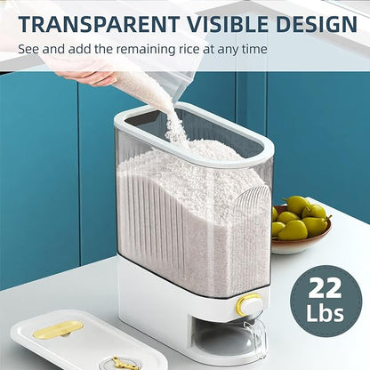 Rice Dispenser,22Lbs-25Lbs Rice Container with Measuring Cup, Upgraded Lid Time Dials & Built-in Fresh Box Rice Container Storage for Home Kitchen Pantry Stores Rice - White Capacity 22Lbs-25Lbs