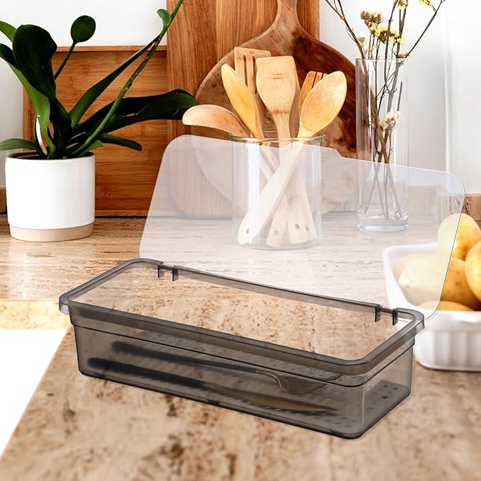 4PCS Flatware Tray with Lid and Drainer, Tableware Utensil and Cutlery Drawer Organizer with Lid Covered Silverware Tray to Keeps Your Cutlery Organized and Protected