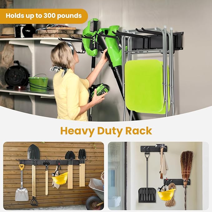 Garage Tool Organizer Wall Mount, 48" Heavy Duty Metal Storage Rack with 3 Rails & 6 Adjustable Double Hooks, Wall Mounted Garden Tool Hanger for Rakes, Shovels, Brooms, Garage Shed & Workshop