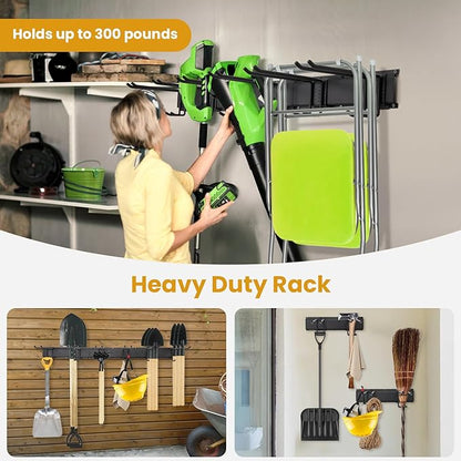 Garage Tool Organizer Wall Mount, 48" Heavy Duty Metal Storage Rack with 3 Rails & 6 Adjustable Double Hooks, Wall Mounted Garden Tool Hanger for Rakes, Shovels, Brooms, Garage Shed & Workshop