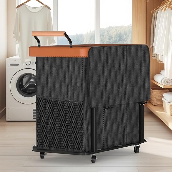 60 Gal (230L) Laundry Hamper 3 Section with Lid, Leather Patchwork Laundry Sorter with Rolling Lockable Wheels and Handle, Laundry Basket Organizer for Laundry Room, Bedroom and Bathroom - Black