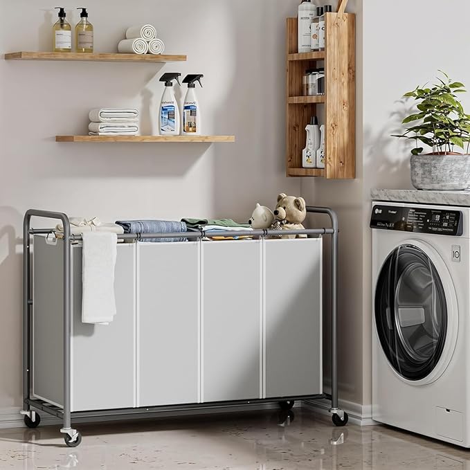 ROMOON Laundry Hamper Sorter Cart: 4-Section Organizer with Heavy-Duty Lockable Wheels and Removable Bags | 180L Rolling Laundry Basket for Dirty Clothes in Laundry Room or Small Spaces (Gray)
