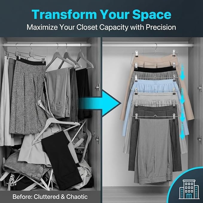 USTECH 6 Tier Skirt Hangers with Clips | Space Saver Closet Organizer | Rust-Free Stainless Steel Pant Hangers for Pants, Shorts, Skirts | Multi Hangars Space Saving | 5 Pack
