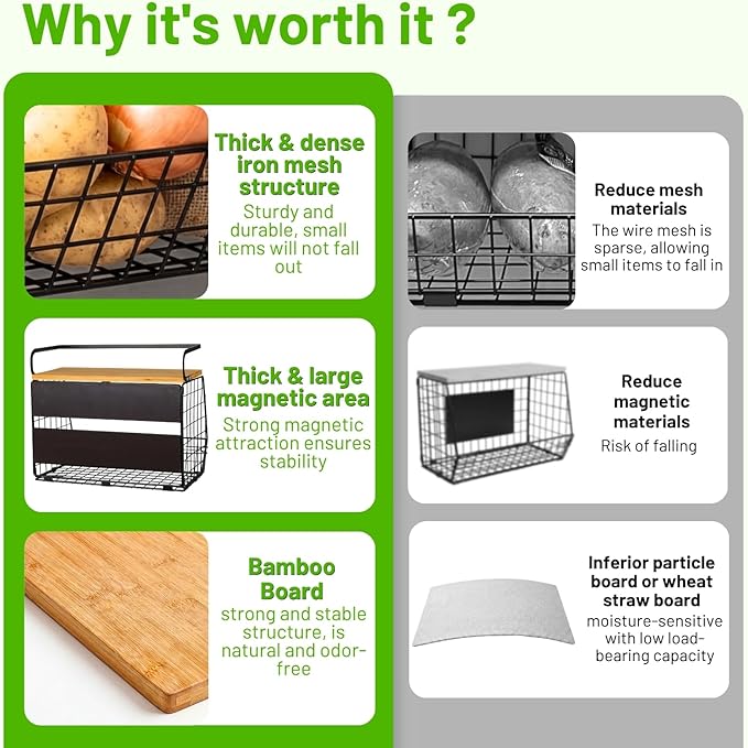 Ofiray-home Magnetic Shelf for Fridge with Wood Lid, Fruit Potato and Onion Storage Bins, Pantry Organizers & Storage, Large Container Magnetic Spice Rack for Refrigerator, Kitchen Counter, Cabinet