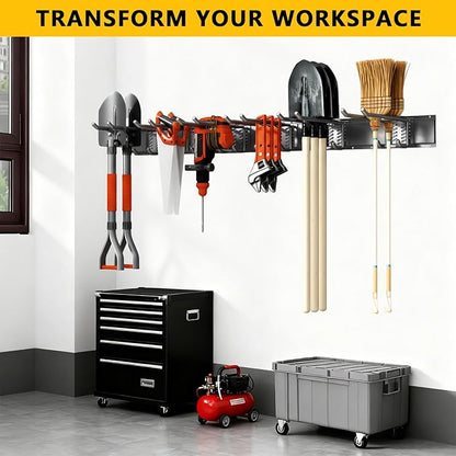 Garage Tool Organizer Wall Mount, 48inch Heavy-Duty Garage Storage System and Garden Tool Organizer with 6 Adjustable Double Hooks for Shovel, Snowboard, Yard Tools and Shed