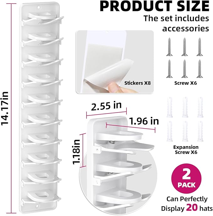 Spring Clip Hat Organizer for Baseball Caps – 2 Pack, Wall Hat Rack for Door & Closet – Keeps 20 Hats Tidy in Garage, Dorm, Man Cave – Multi-Layer Cap Storage (White)