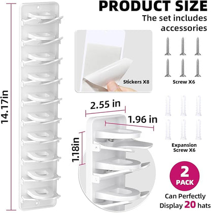 Spring Clip Hat Organizer for Baseball Caps – 2 Pack, Wall Hat Rack for Door & Closet – Keeps 20 Hats Tidy in Garage, Dorm, Man Cave – Multi-Layer Cap Storage (White)