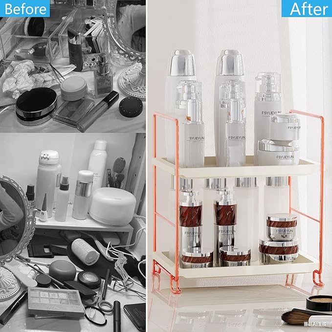 FSyueyun 2-Tier Bathroom Countertop Organizer, Tool-Less Installation Premium Plastics Makeup Shelf Organizer Perfume Skincare for Dresser Vanity Tray Organizers and Storage (Rose Gold)