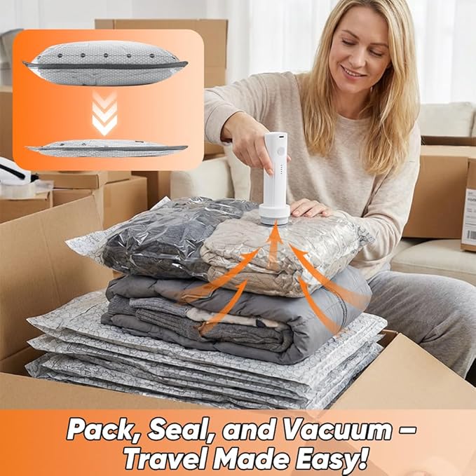 Travel Vacuum Bags with Pump: Vacuum Seal Bags for Clothing with Rechargeable 6000Pa Pump - Space-Saving, Premium Heavy Duty Storage Bags for Clothes, Bedding, Seasonal Items (3 sets, S+M+L)