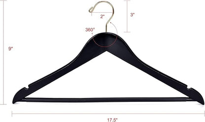 Quality Wooden Hangers - Slightly Curved Hanger 90 Pack Sets - Solid Wood Coat Hangers with Stylish Chrome Hooks - Heavy-Duty Clothes, Jacket, Shirt, Pants, Suit Hangers(Black - Gold Hook, 90)