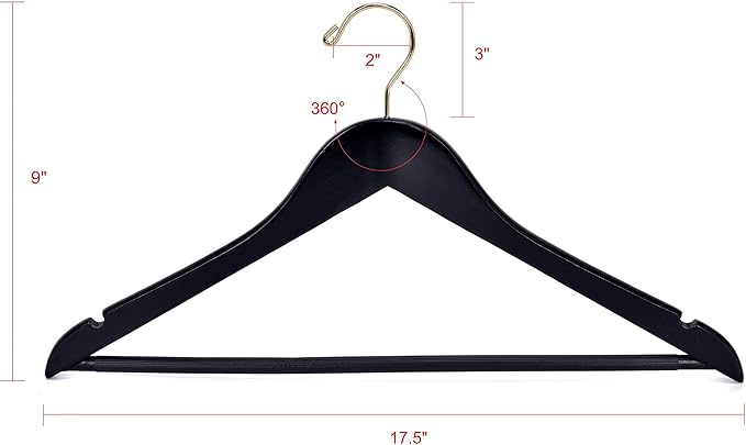 Quality Black Wooden Hangers - Slightly Curved Hanger Set of 20-Pack - Solid Wood Coat Hangers with Stylish Chrome Hooks - Heavy-Duty Clothes, Jacket, Shirt, Pants, Suit Hangers (Black-Gold Hook, 20)
