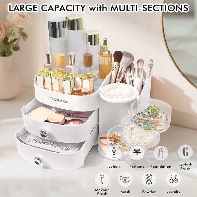 Makeup Organizer Countertop with Drawers, Make up Organizers for Vanity, Skincare Jewelry Earring Organizers, Cosmetic Display Cases Makeup Storage for Bedroom & Bathroom, Ideal Gifts for Women(White)