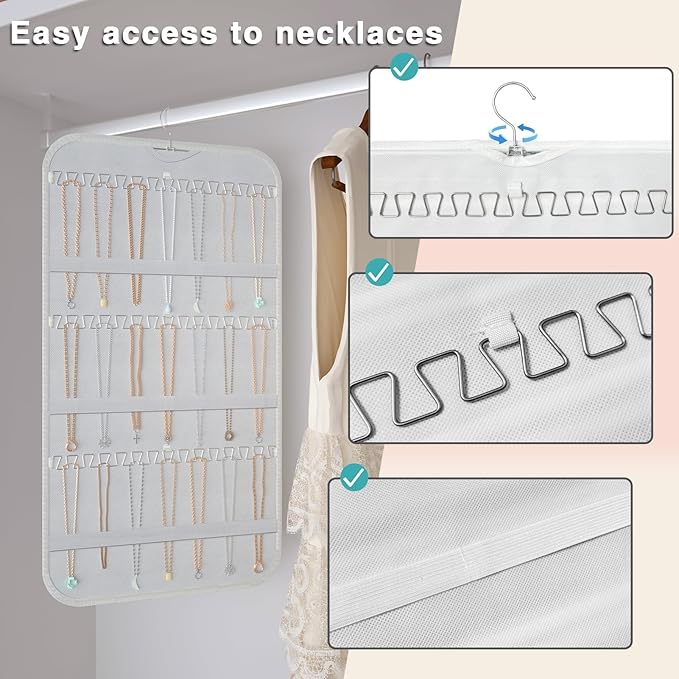 2-Pack Hanging Jewelry Organizer Storage, 40 Pockets 36 Hooks Necklace Earring Necklace Bracelet Ring Organizer, Double - Sided Design, White