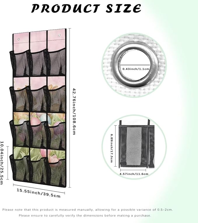 Door Hanging Organizer, Spring Tulip Bunny Over the Door Shoe Rack 12-Pocket Heavy Duty Space Saving Door Hanging Storage Bag for Bathroom Bedroom Small Spaces Easter Gifts