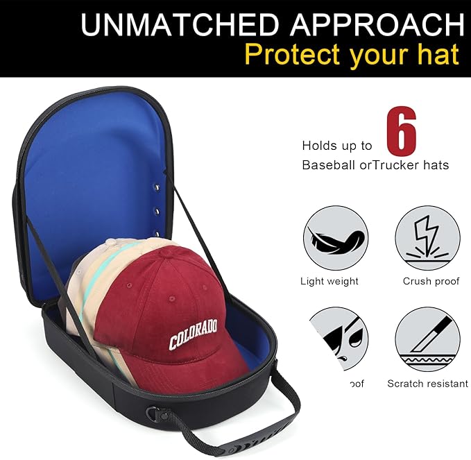 GERMUN Hard baseball hat case, Hat Carrier Travel Case with Adjustable Shoulder Strap, Hat cap case for 6 Baseball Caps - Perfect for Traveling & At-Home Storage (Black with Blue)