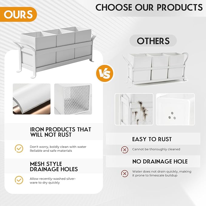 Utensil Holder Mesh Drainage Holes, 3pcs Bins Set Countertop Utensil Holder for Spoons, Forks and Knives, Cutlery Organizer Suitable for Party, Kitchen Counter, White