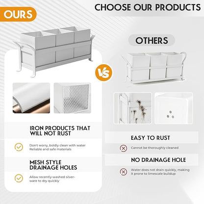 Utensil Holder Mesh Drainage Holes, 3pcs Bins Set Countertop Utensil Holder for Spoons, Forks and Knives, Cutlery Organizer Suitable for Party, Kitchen Counter, White