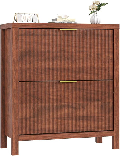 YOMILUVE Shoe Cabinet Storage for Entryway, Fluted Shoe Cabinet with 2 Flip Drawers, Hidden Shoe Rack Tall Freestanding Shoe Organizer with Legs for Hallway, Walnut