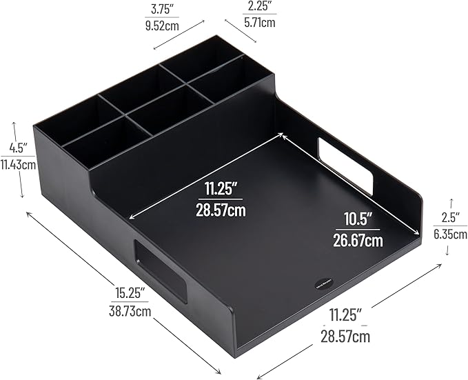 Mind Reader Utensil Napkin and Plate Organizer Tray, Countertop Caddy with 7 Compartments, Holds Plates up to 10.5 Inches, Breakroom and Buffet Organizer, Plastic, Black