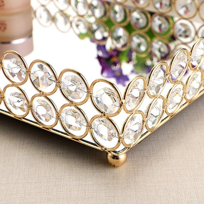 Hipiwe Crystal Cosmetic Vanity Tray, Mirrored Decorative Jewelry Organizer Tray for Perfume, Trinket, Makeup Display Dresser Home Decor (Large, Golden)